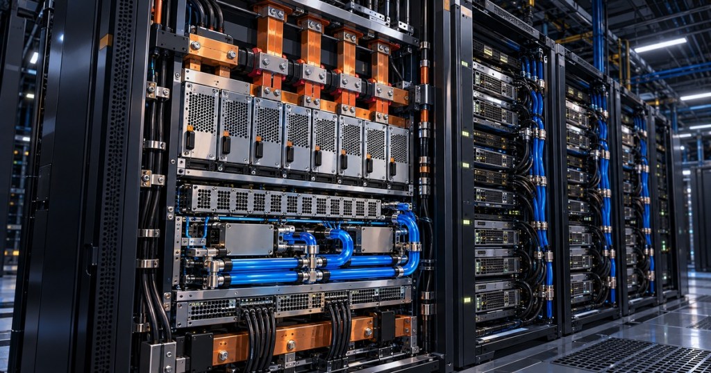 Anime-style technical illustration of an 800 VDC AI data-center power rack with copper busbars, liquid-cooled power shelves, and dense GPU infrastructure.