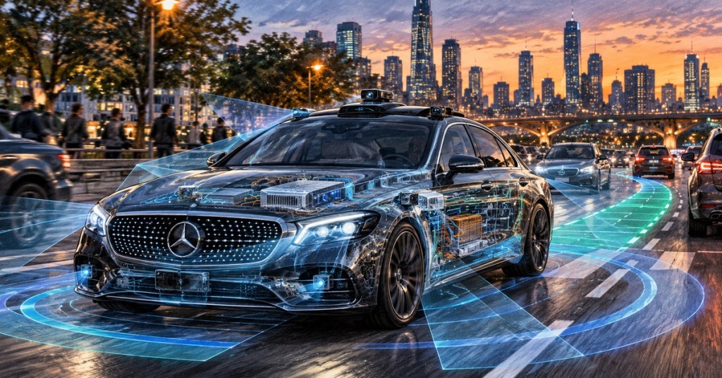 Realistic color-pencil editorial illustration of a Mercedes-Benz sedan using cameras, sensors and onboard computing for automated driving in a city.