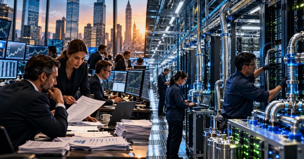 Original split-scene editorial cover showing capital-market analysts and engineers preparing AI server racks, representing Meta's multibillion-dollar equity raise and data-center expansion.