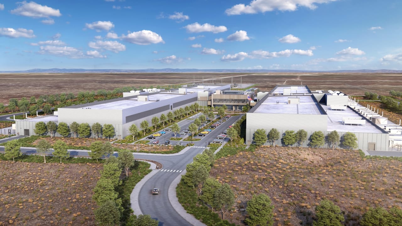 Architectural aerial rendering of the Meta Kuna data center buildings