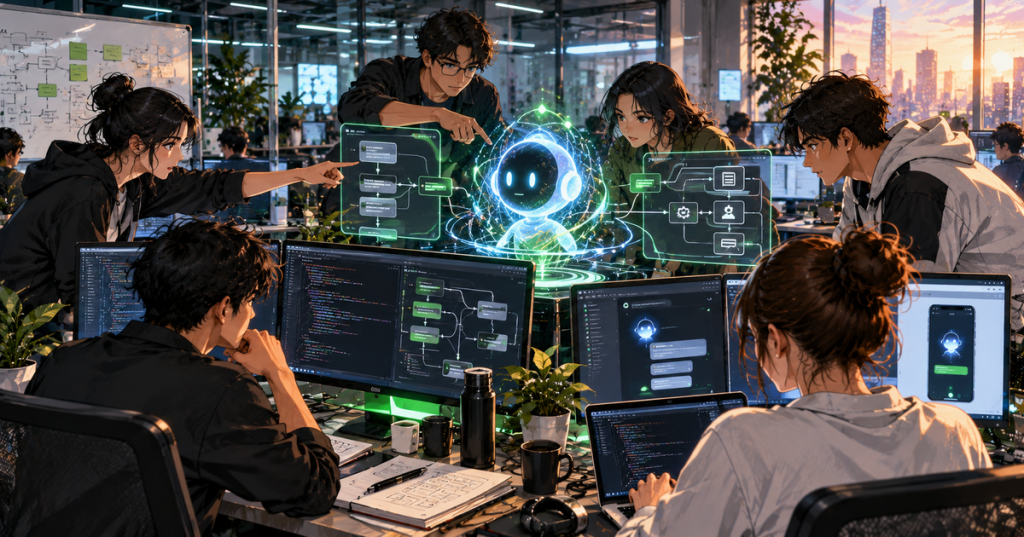 Anime-style editorial illustration of engineers building an AI assistant in a software lab.
