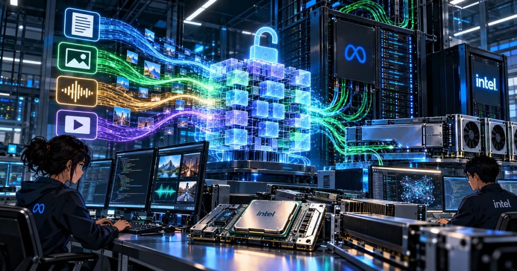 Anime-style editorial illustration of Meta Muse Spark Open running across Intel server hardware in a modern AI lab.