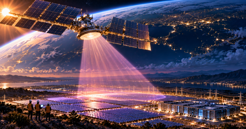 Text-free fictional illustration of an orbital solar power satellite sending a near-infrared beam toward terrestrial solar arrays and data centers; concept only, not actual power delivery