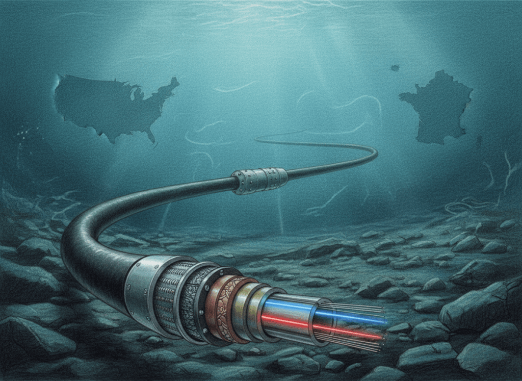 Color-pencil cutaway illustration of a multicore transatlantic subsea fiber-optic cable and optical repeater on the ocean floor.