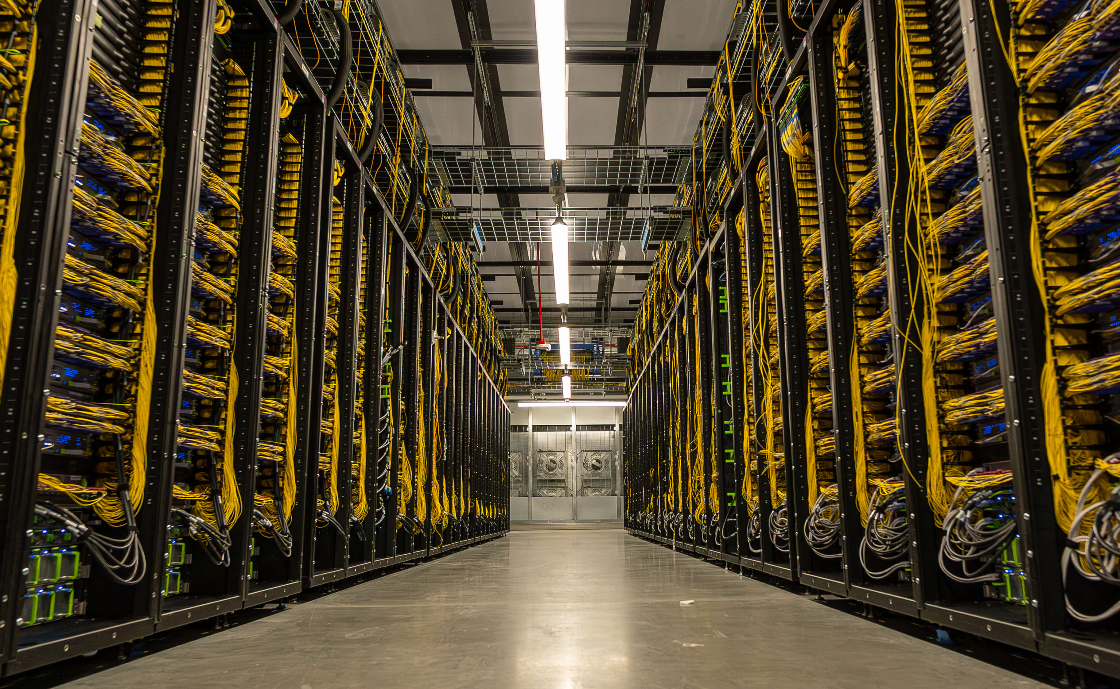 Rows of network and computing racks inside Meta's Prometheus infrastructure in New Albany Ohio