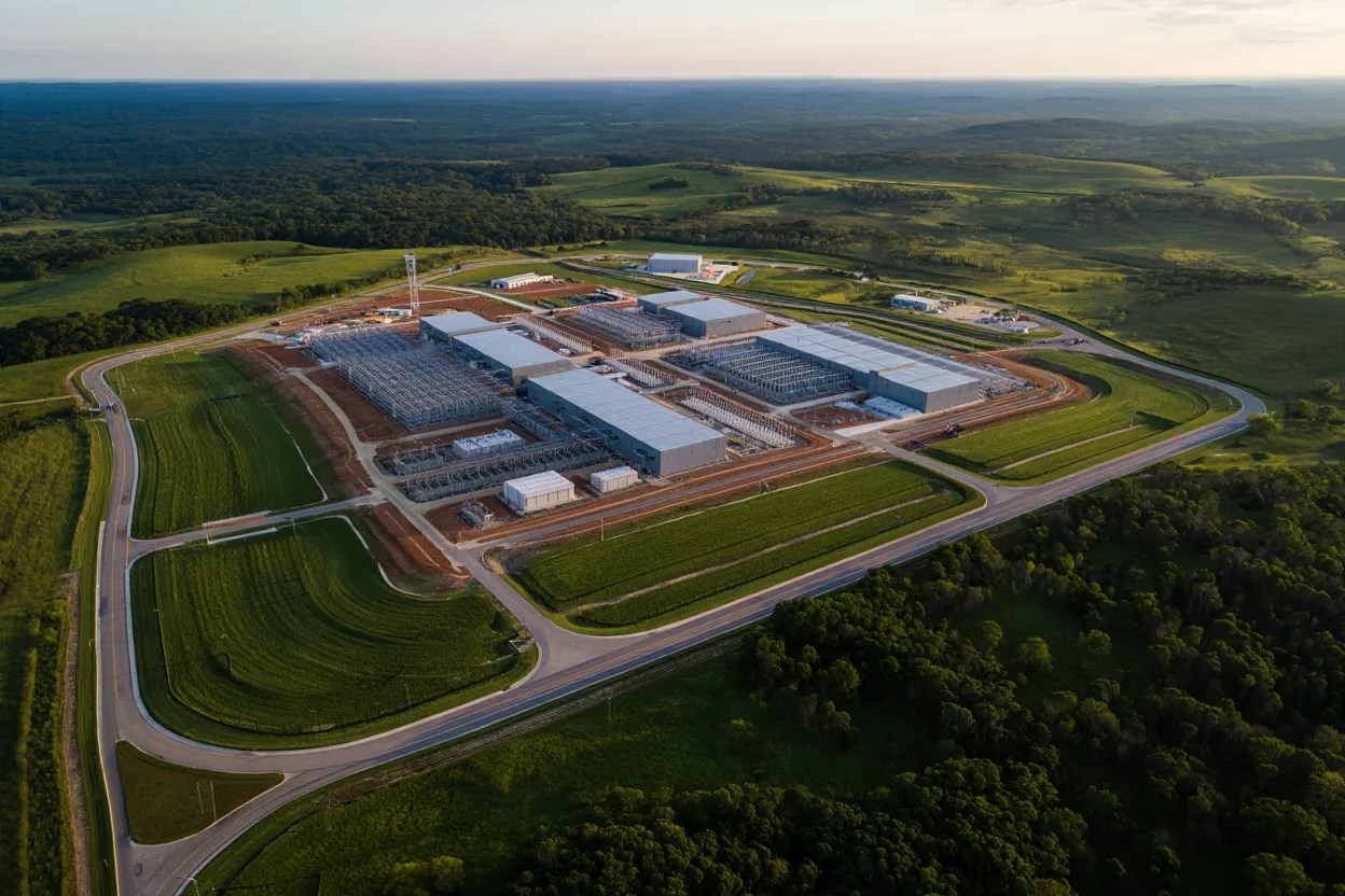 Aerial image of data-center buildings with surrounding green land at the Meta Hyperion project in Richland Parish