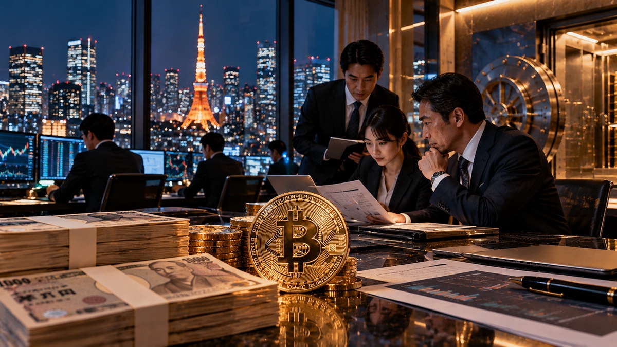 Photorealistic Tokyo finance office with Bitcoin, yen cash, analysts and market screens illustrating Metaplanet's Q3 liquidity test.