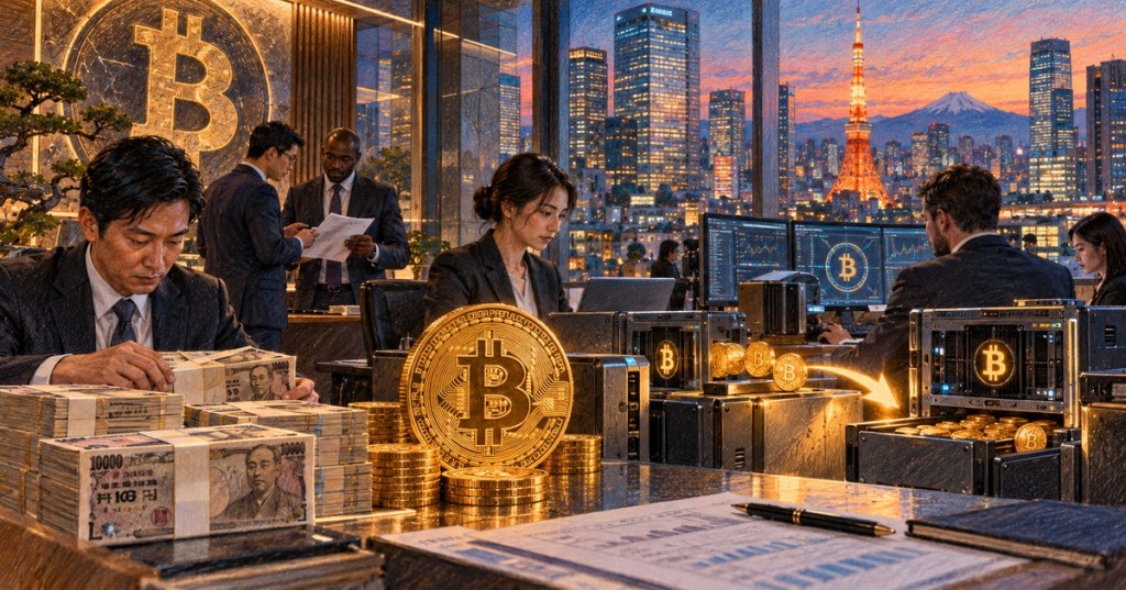 Realistic color-pencil illustration of a Tokyo corporate Bitcoin treasury operation with yen cash, Bitcoin coins, finance professionals and the Tokyo skyline.