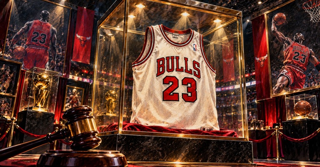 Colored-pencil illustration of Michael Jordan's No. 23 Bulls jersey displayed at a sports memorabilia auction.