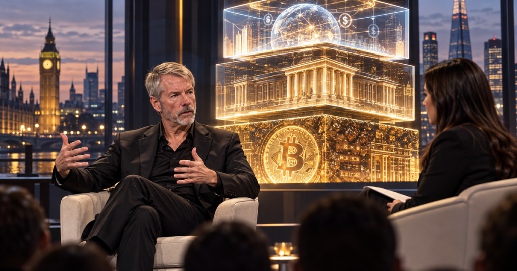 Editorial cover showing Michael Saylor in a London interview with Bitcoin and financial-layer imagery behind him.