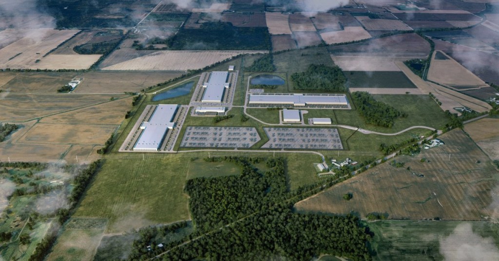 Rich aerial developer visualization of The Barn data center campus in Saline Township Michigan with long buildings tree corridors and access roads