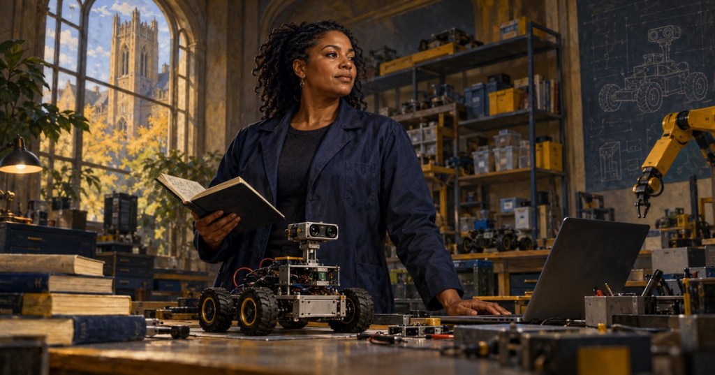 Renaissance-style editorial painting of a woman robotics engineer with a small wheeled robot and notebook in an academic lab