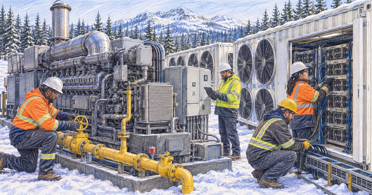 Technicians service natural-gas generation equipment and fan-cooled Bitcoin mining hardware at a snowy remote facility.