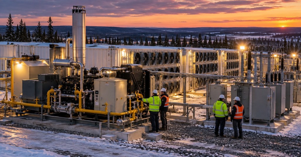 A winter Bitcoin mining facility in Canada powered by natural-gas generation, with mining containers, electrical equipment, piping, generators, and technicians.