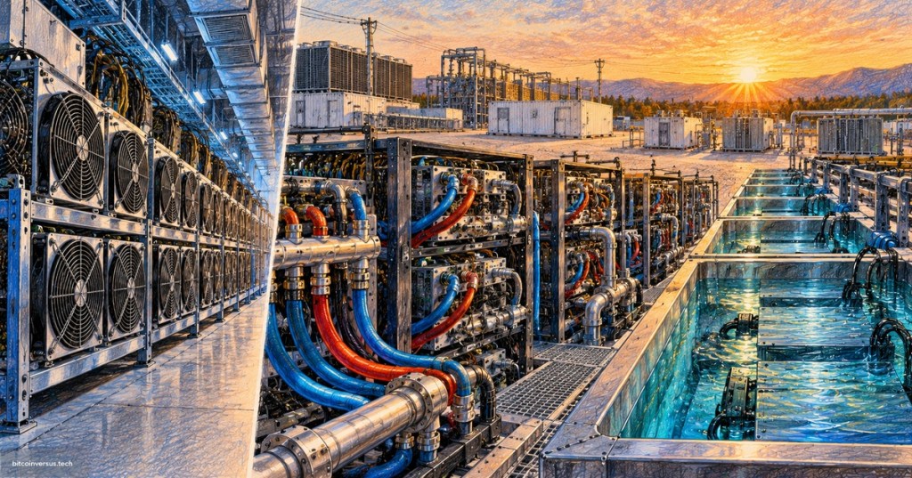 Colored-pencil illustration of a Bitcoin mining facility showing air-cooled ASIC racks, hydro-cooled miners with coolant manifolds, and immersion tanks side by side.