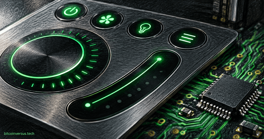 Illustration of illuminated capacitive touch controls and an integrated circuit