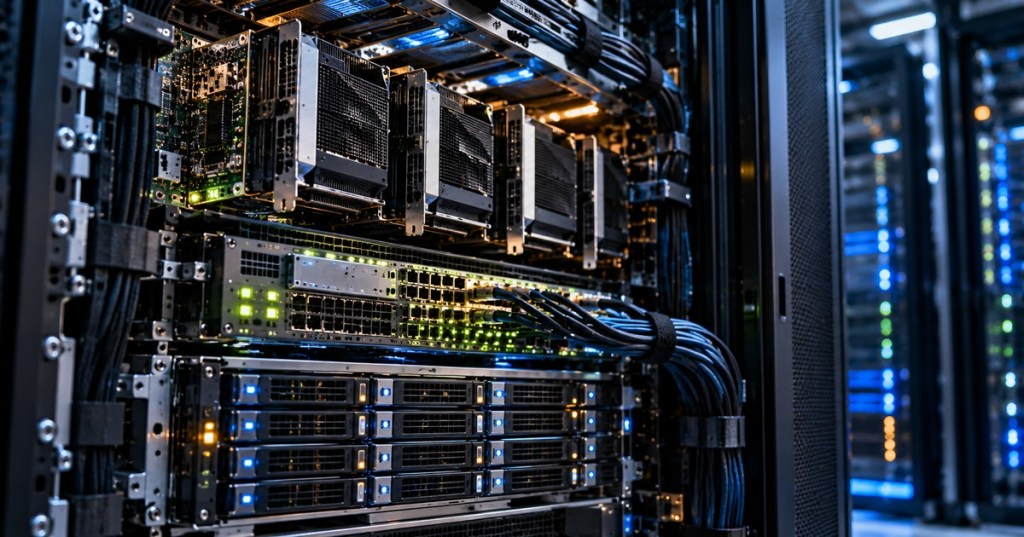 High-density data center rack with accelerator cards, storage bays and high-speed networking hardware