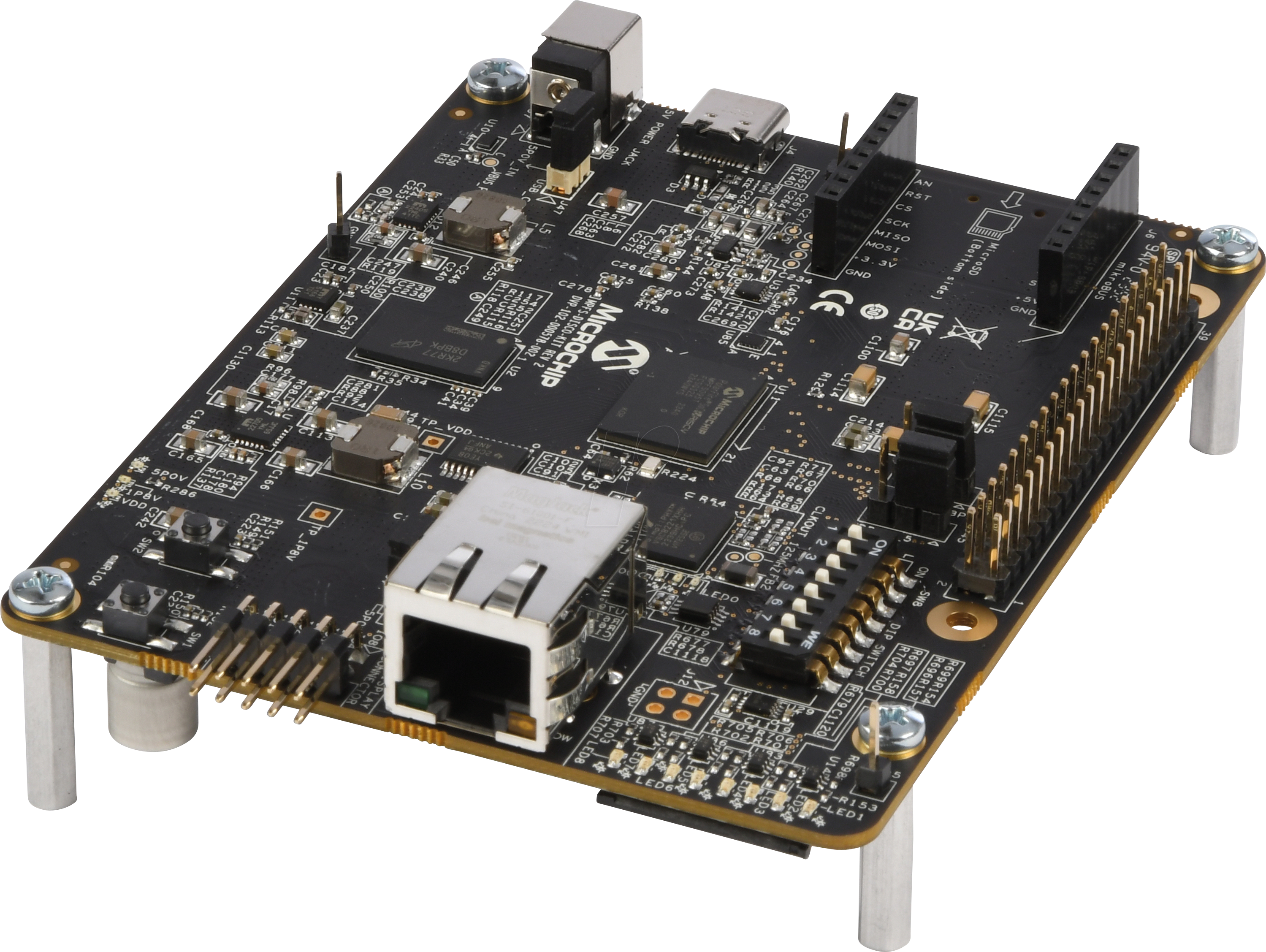 Black Microchip PolarFire SoC Discovery Kit printed circuit board with Ethernet port and multiple electronic headers
