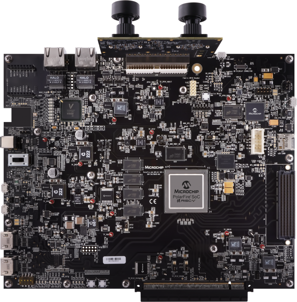 Microchip PolarFire SoC Video Kit board with chip, ports and associated electronic components