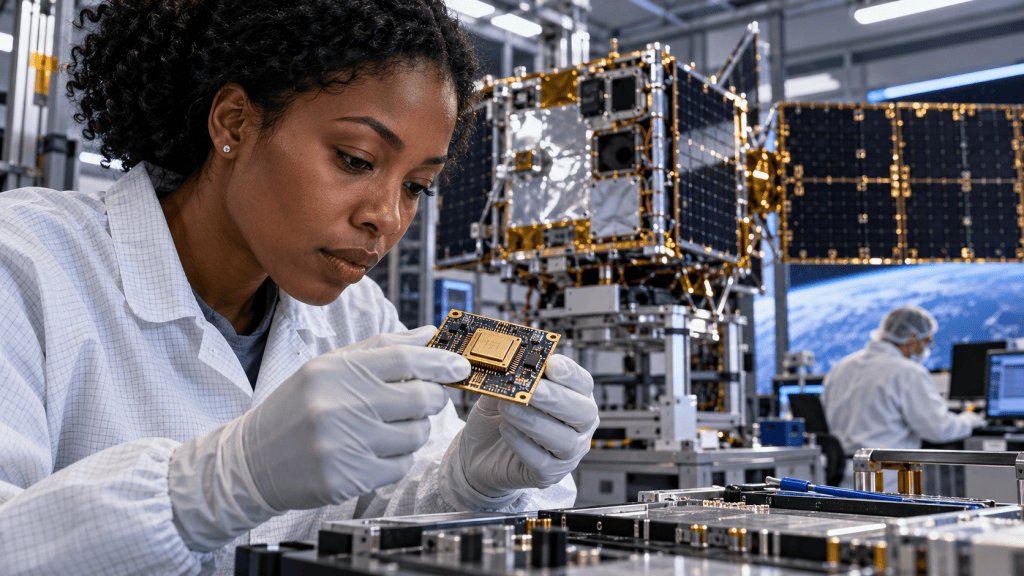 Engineer inspects a microcontroller circuit board in a spacecraft electronics cleanroom