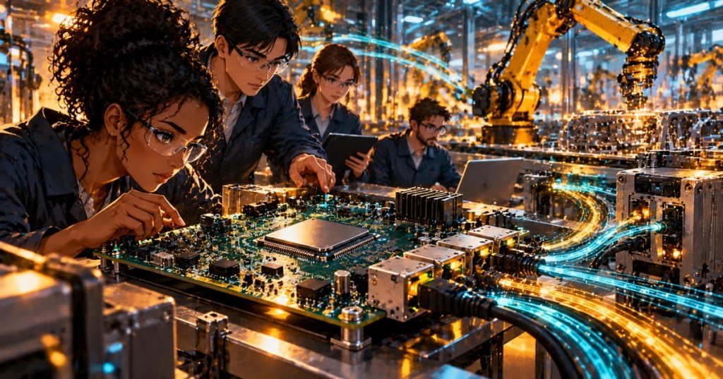 Original anime editorial illustration of engineers examining an FPGA development board in a robot-equipped factory with glowing network links