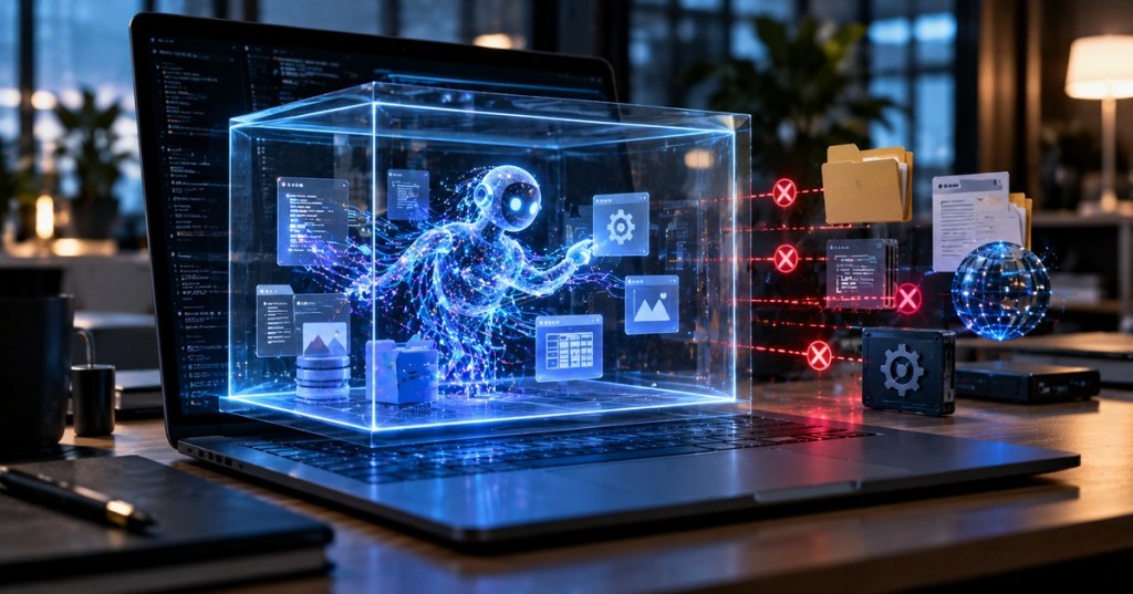 AI agent operating inside a transparent security sandbox on a laptop while blocked from unrelated files and network resources