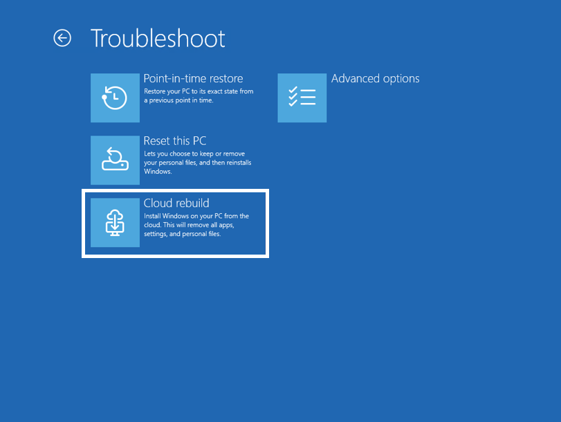 Microsoft Windows Recovery Environment Troubleshoot menu with Cloud rebuild selected below Reset this PC
