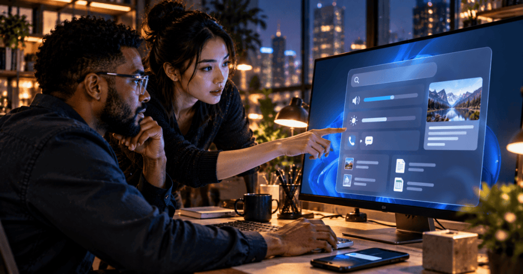 Editorial artwork of two users interacting with a Windows-style search interface showing volume, brightness, phone and document controls