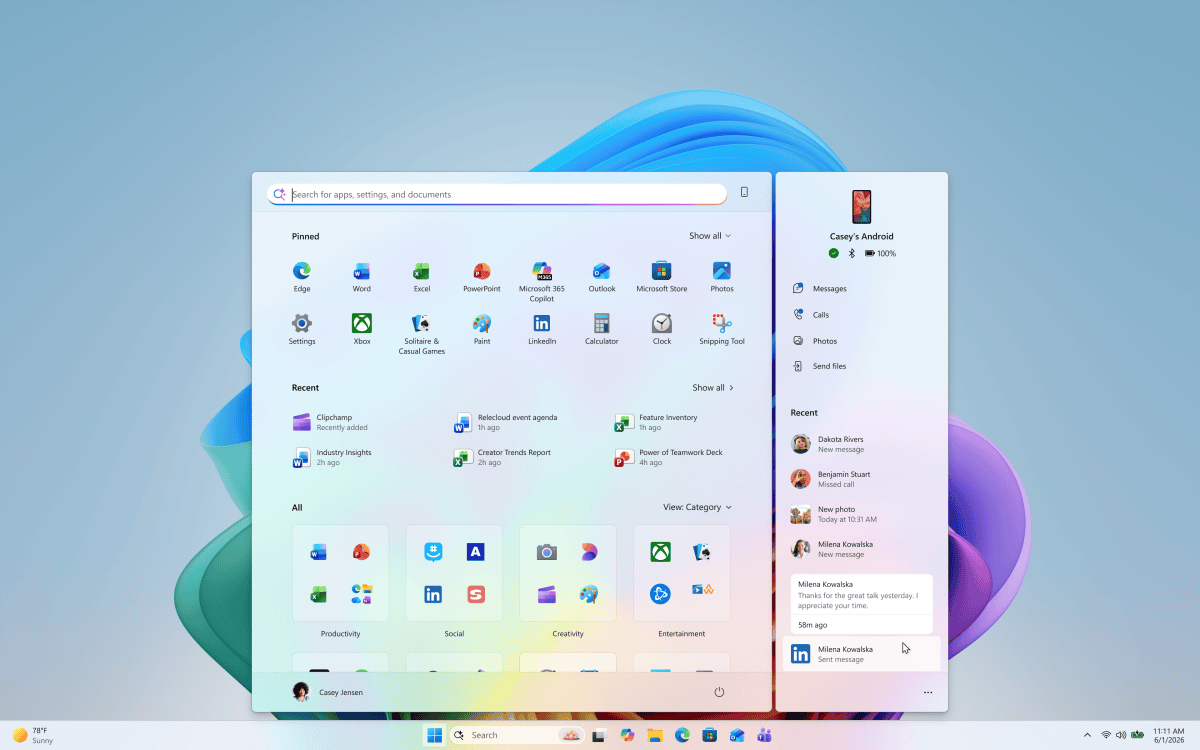 Microsoft Windows 11 example showing connected Android Phone Link messages calls and recent activity alongside Start menu
