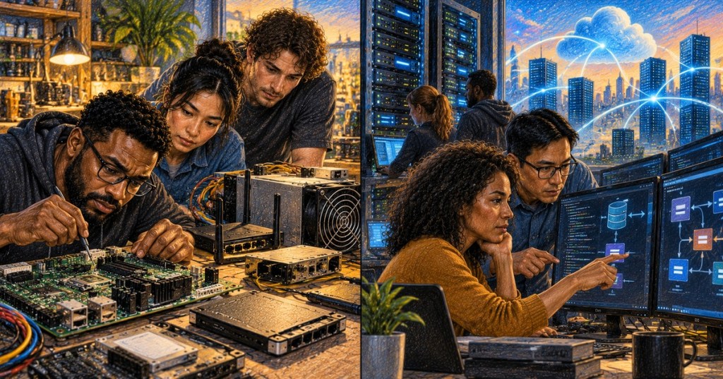 A diverse engineering team compares embedded hardware and firmware on one side with cloud software, servers, databases, and application connections on the other.