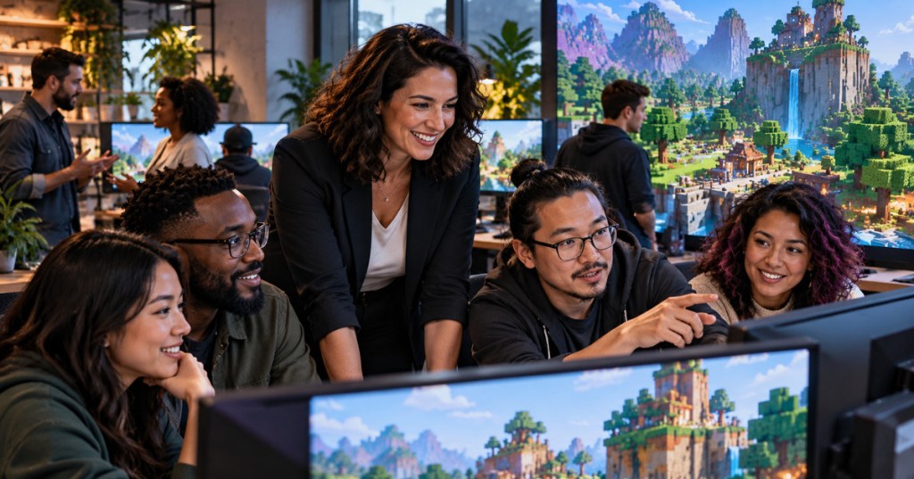 A diverse game development team collaborating in a modern studio around screens showing a colorful voxel world.