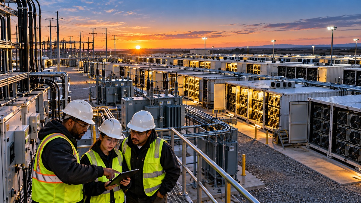 Engineers inspect a large containerized Bitcoin mining facility and electrical infrastructure at sunset.