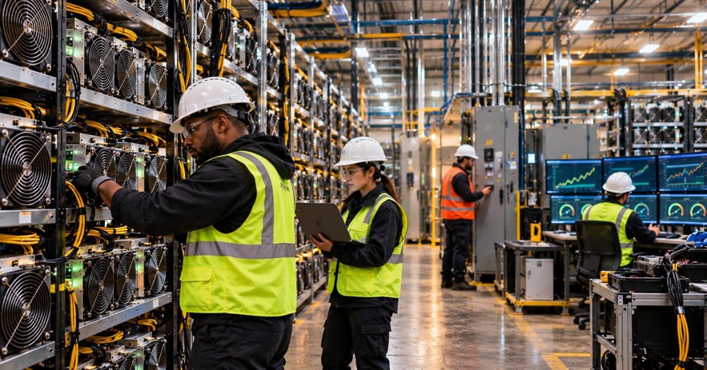 Bitcoin mining technicians work among ASIC racks and monitoring systems as mining economics recover in October 2026.