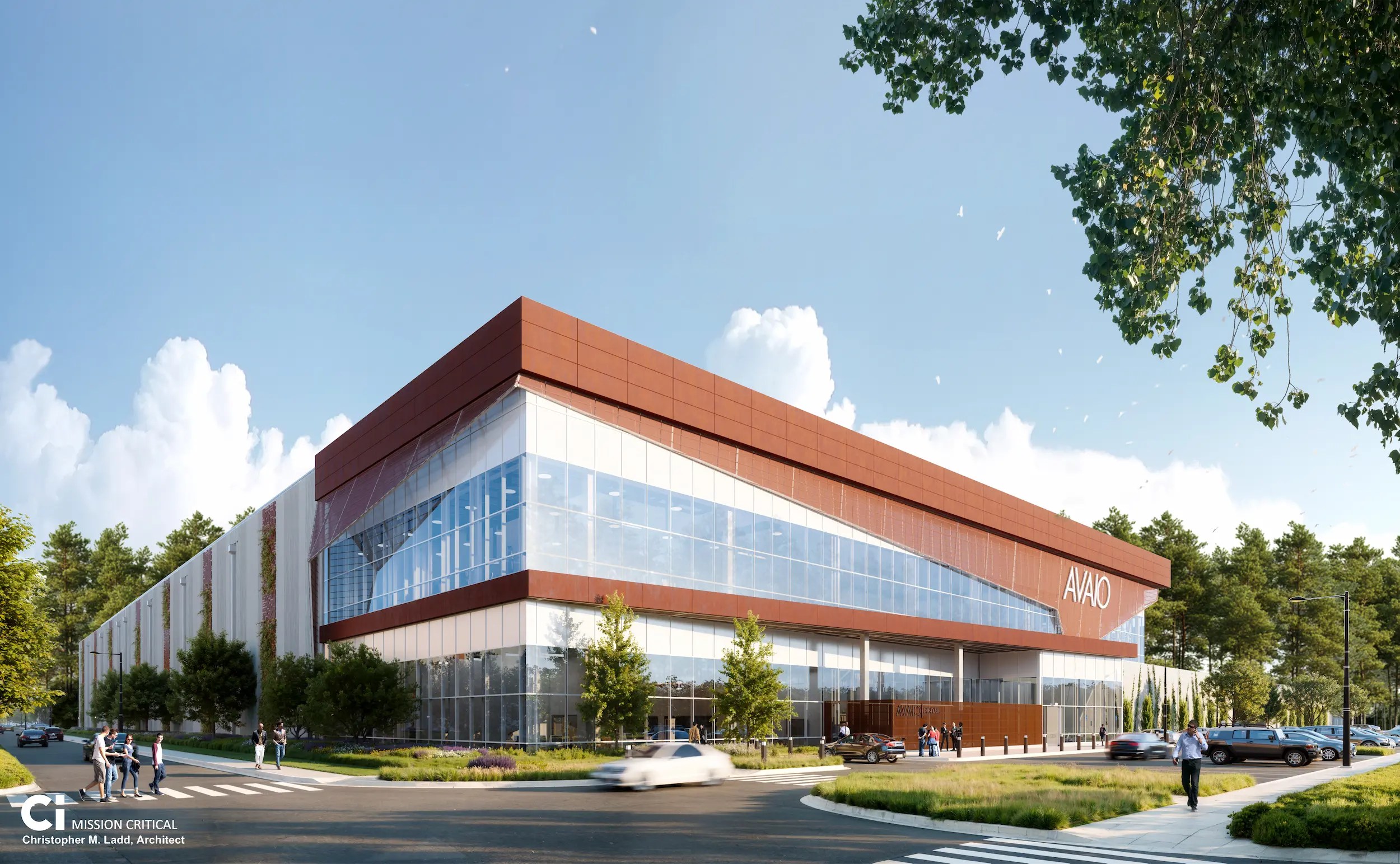Architectural rendering by AVAIO Digital of its planned Taurus data center building in Brandon, with a glass facade, warm metal panels and landscaped entry