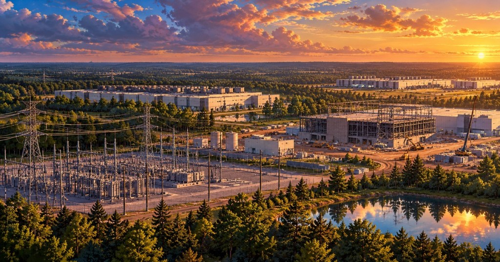 Original cinematic anime-style artwork of a Mississippi data center construction campus, electric substation and forest at sunset