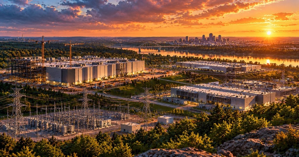 Original cinematic editorial artwork showing a large data center construction campus, electric substation and river valley at sunset