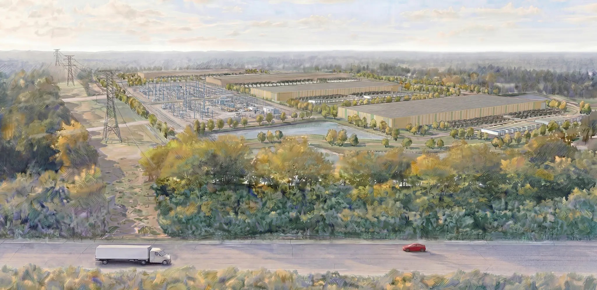 CRG developer's illustrative bird's-eye view of four large Festus data center buildings, surrounding woodland and an electric switchyard