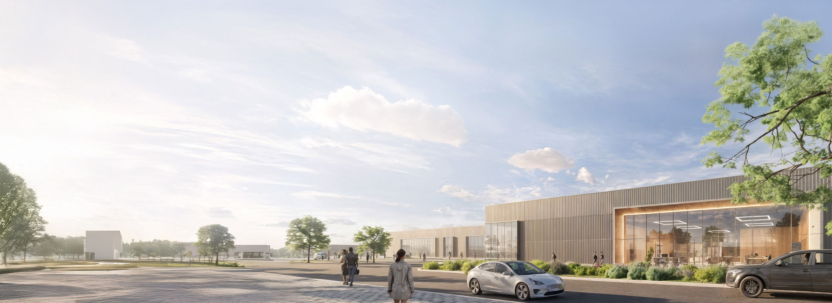 Nebius's official architectural rendering of proposed green-and-glass AI factory buildings in Independence Missouri