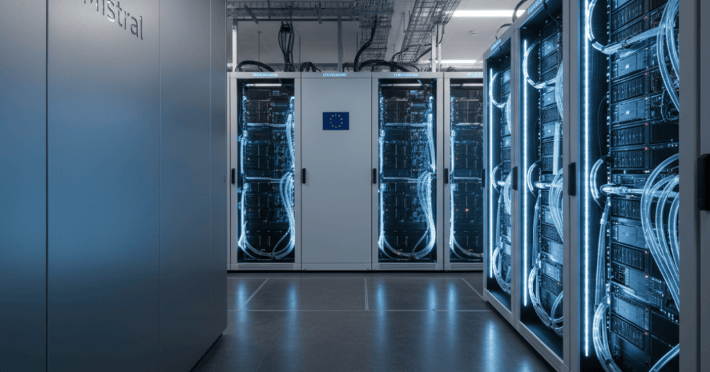 European AI data center with NVIDIA Grace Blackwell racks representing Mistral Large 4 training infrastructure.