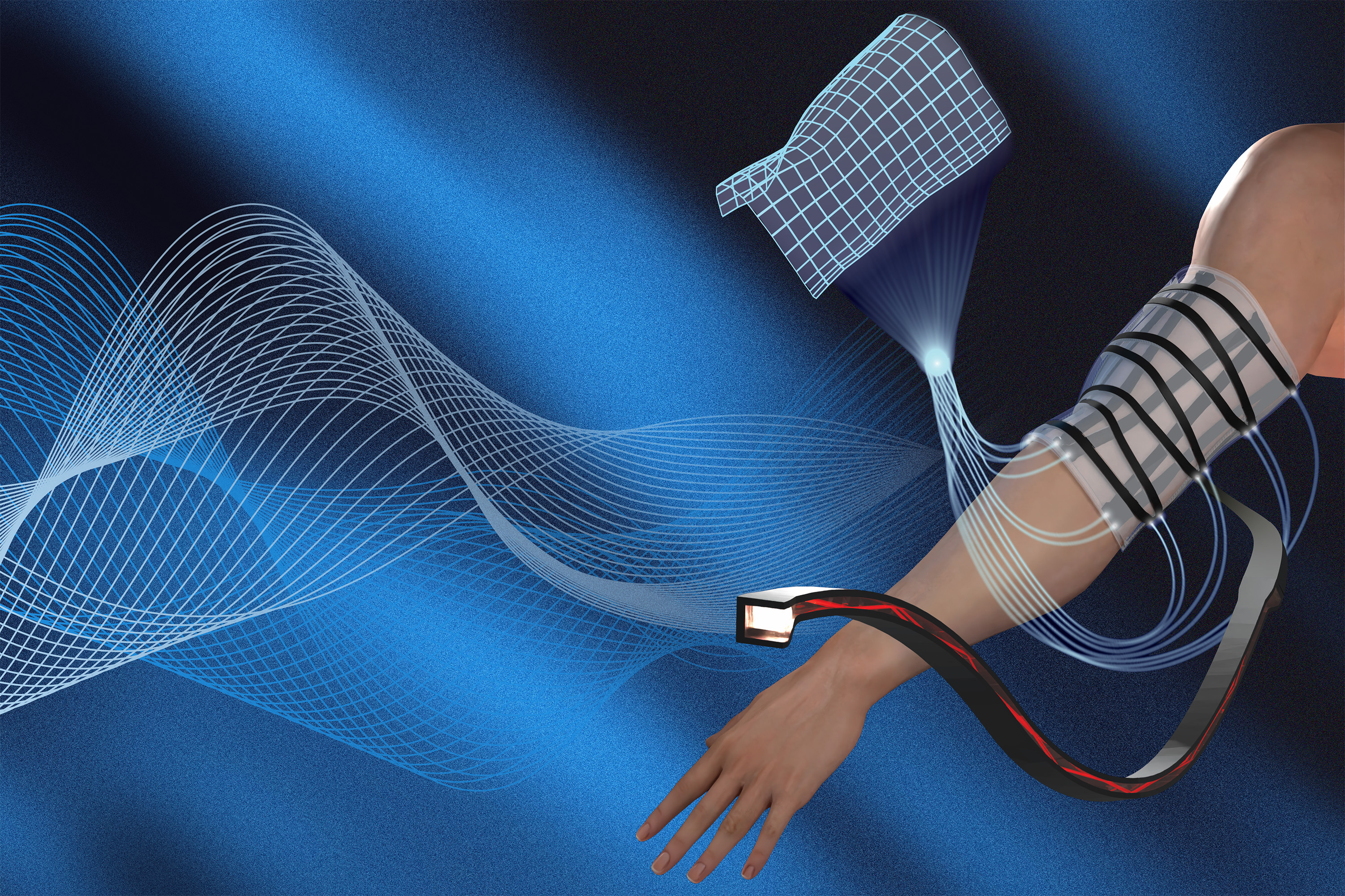 MIT shape-sensing sheet wrapped around an arm with optical fibers extending from the soft sensor.