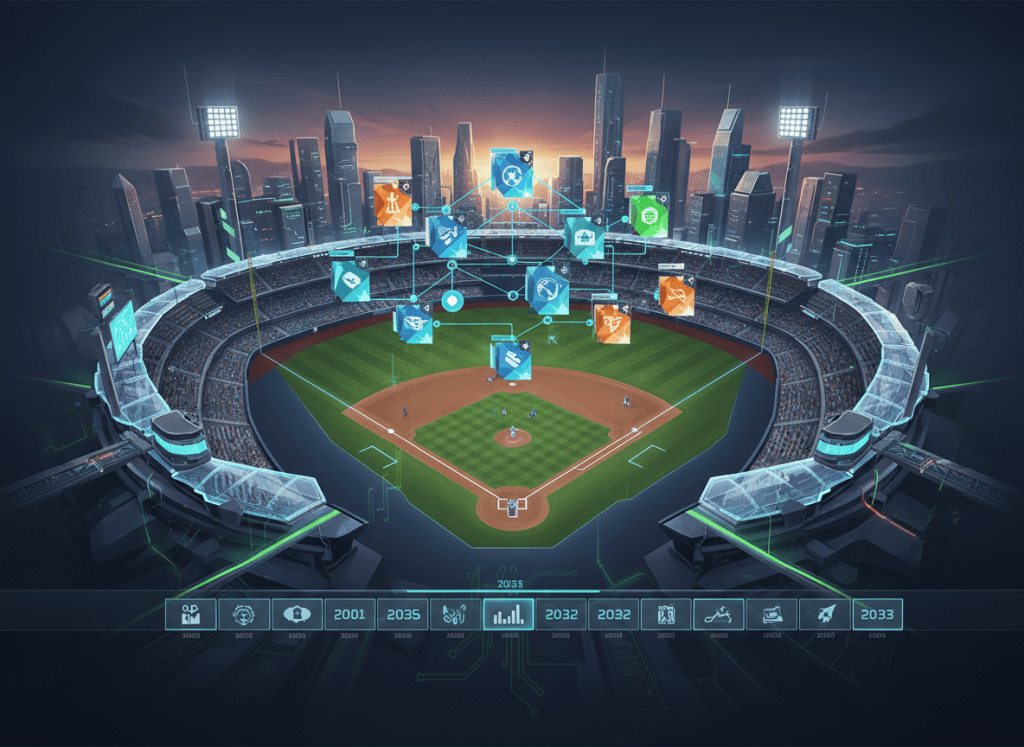 Editorial illustration of a baseball video game franchise wishlist with AI roster logic, multi-season save continuity and custom stadium expansion tools.