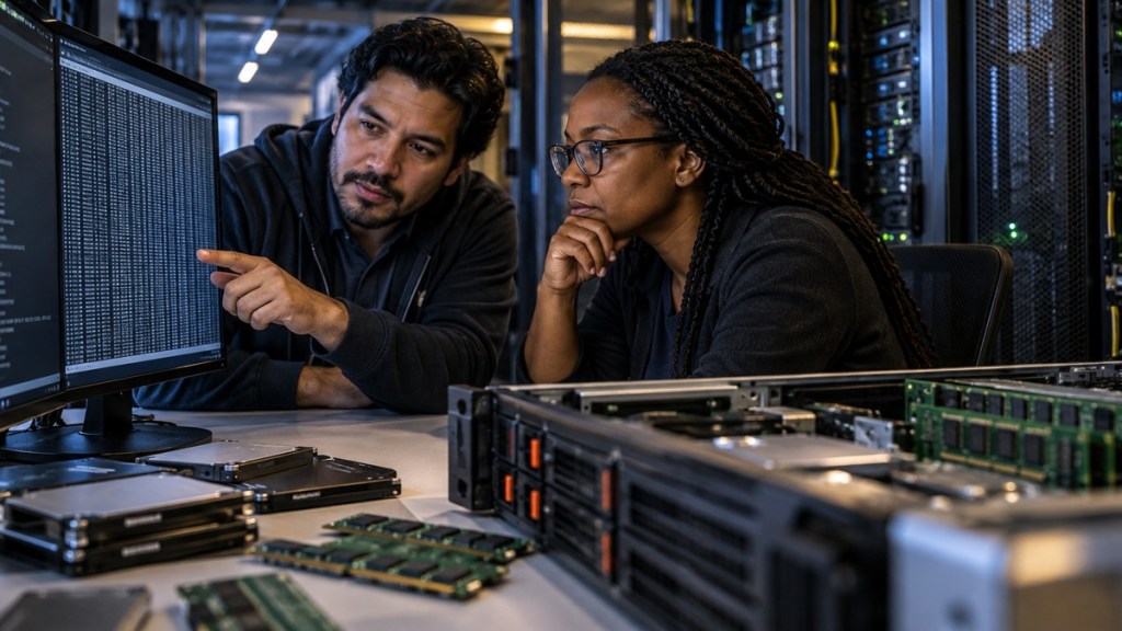 Two IT professionals reviewing Linux memory and storage activity beside open server hardware in a data center.