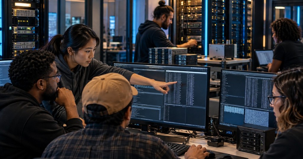 A diverse group of IT professionals examining Linux systems and server hardware in a modern data-center lab.