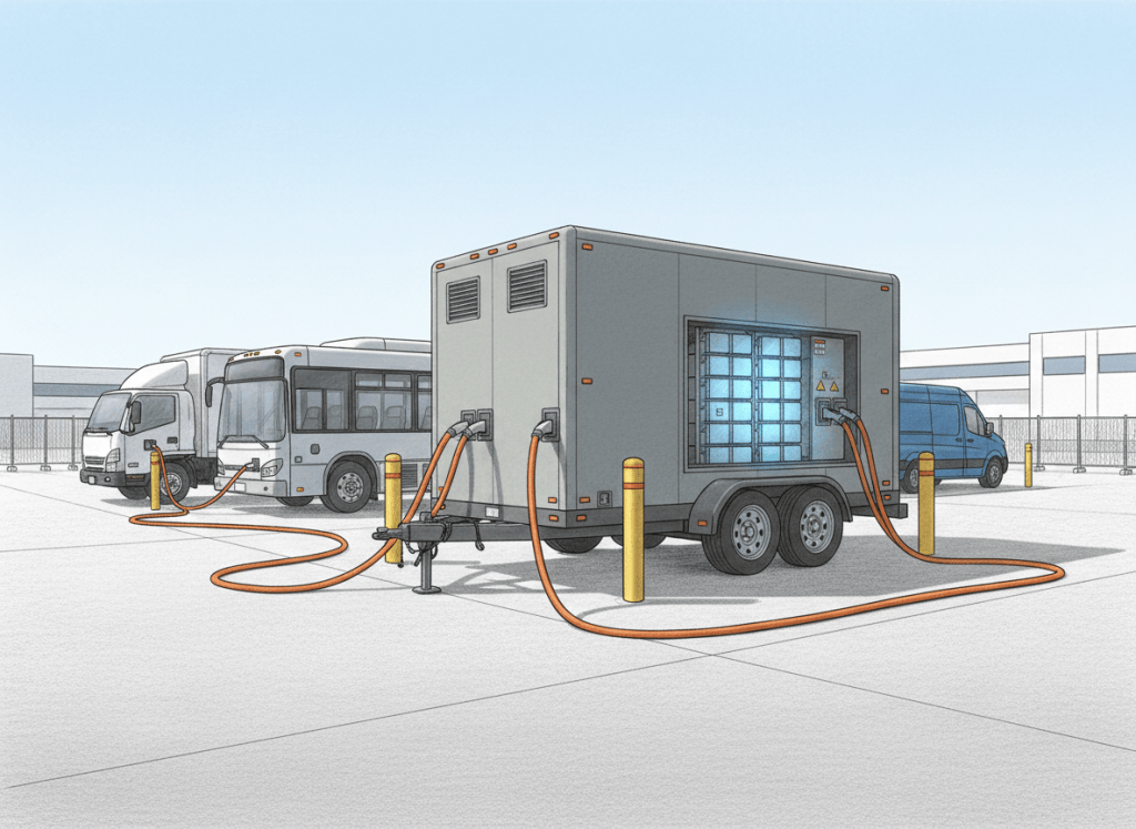 Color-pencil illustration of a towable battery storage trailer fast-charging commercial electric vehicles without permanent charging infrastructure.