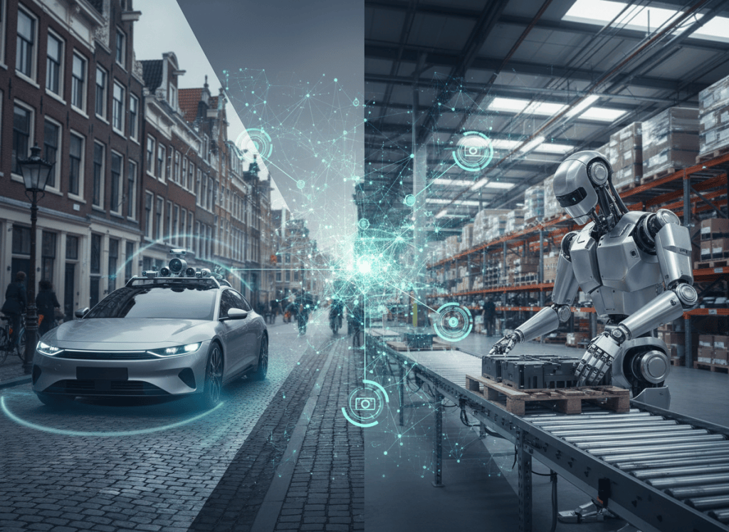 Realistic illustration linking an autonomous car in a European city with a humanoid robot through a shared physical-AI perception layer.