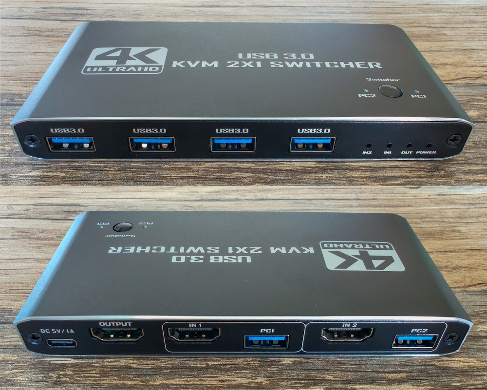 Photograph of a modern two-computer USB and HDMI KVM switch