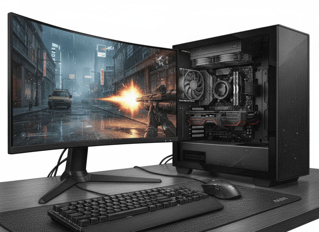 High-end gaming PC running a modern military shooter with ultrawide HDR and ray-traced reflections.