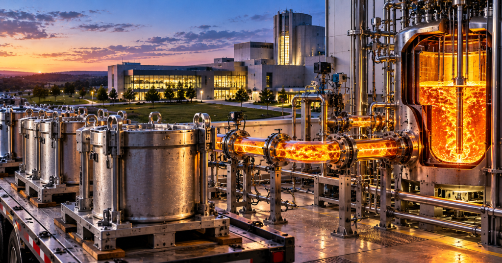 Illustration of enriched FLiBe salt canisters arriving at a modern molten salt reactor research facility with glowing high-temperature salt loops.