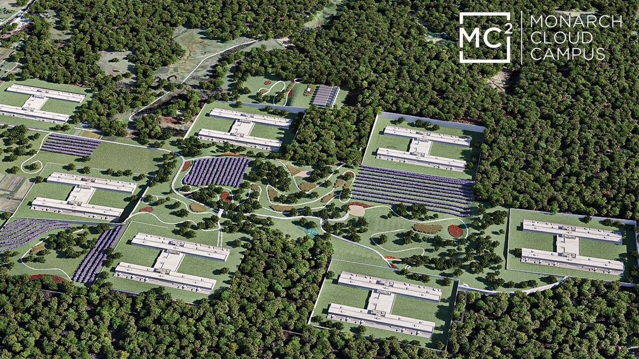 Fidelis New Energy's early conceptual aerial rendering of the Monarch Cloud Campus showing proposed buildings and tree-covered grounds