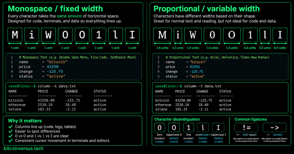 Infographic comparing fixed-width monospace characters and aligned terminal data with proportional variable-width text, character disambiguation, and common programming ligatures.